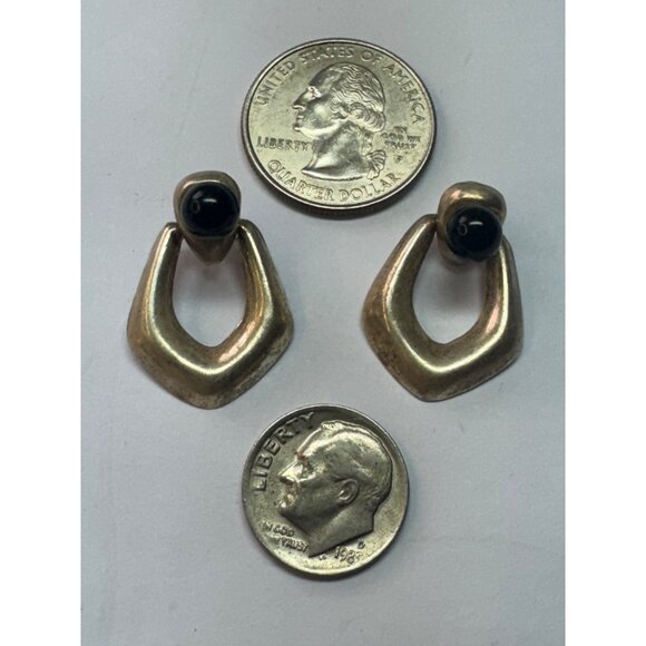 Vintage Estate 925 Sterling Silver Modernist Dangle Earrings Black Onyx Studs - Picture 6 of 8